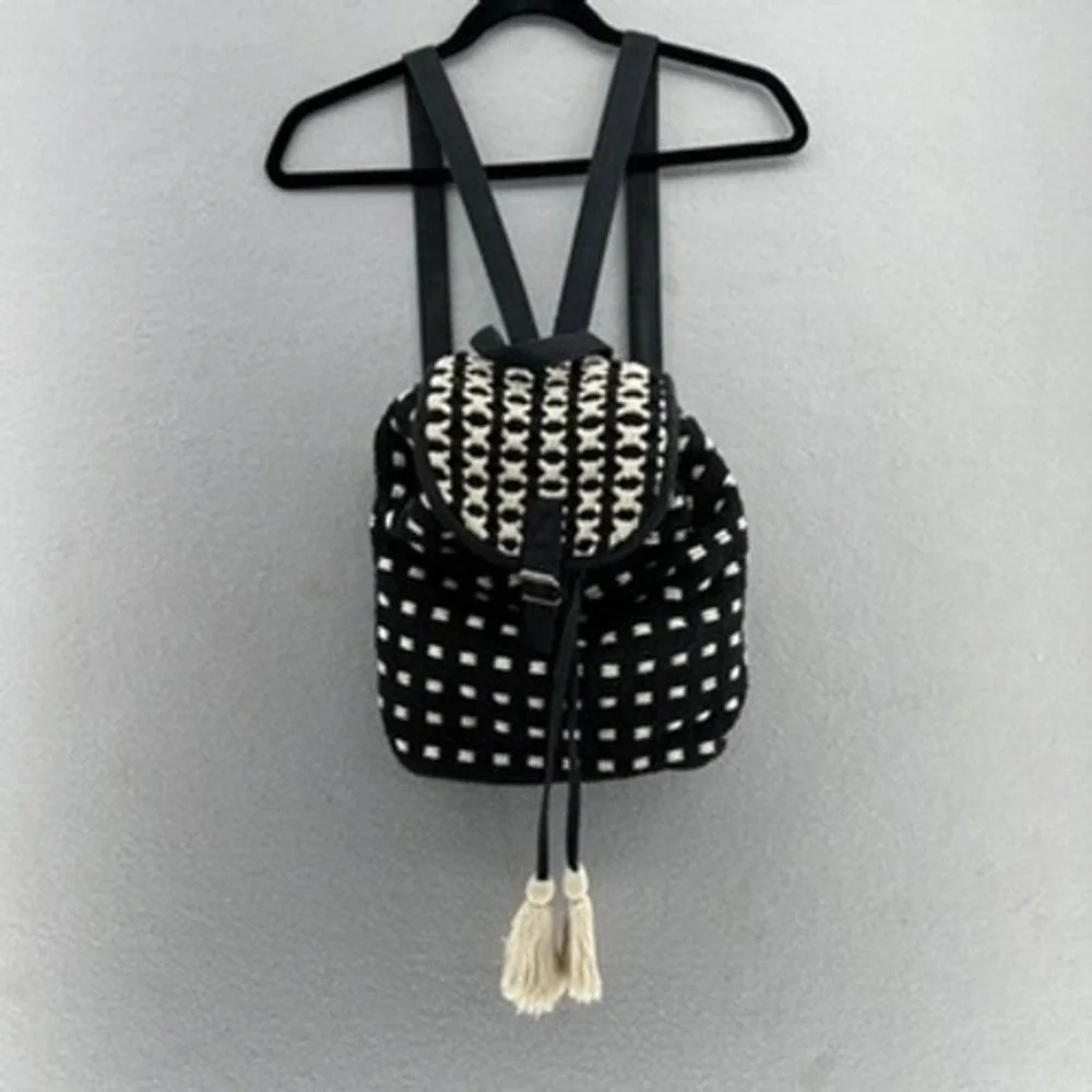 World Market Boho Woven‎ Backpack Purse Black Drawstring Buckle Flap Tassels